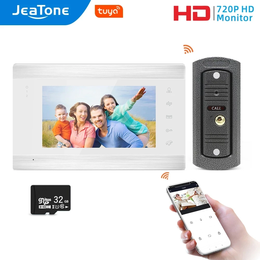 Jeatone WiFi Tuya 7''White Video Door Phone Intercom System with 720P/AHD Wired Doorbell Camera Remote Unlock Motion Detection