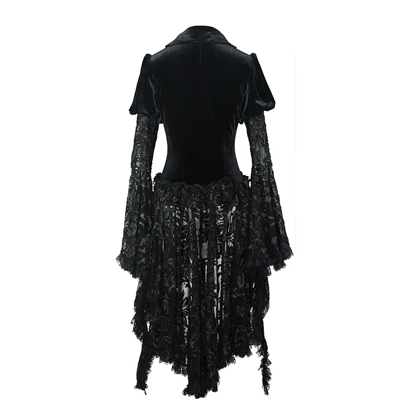 Gothic Punk Womens Dress Coat Black Patchwork Lace V Neck Party Dress Irregular Jacket Winter Party Dress