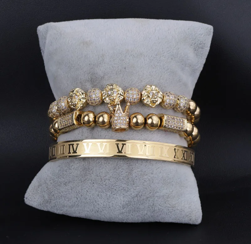New Luxury Men Jewelry Bracelet CZ Micro Pave Crown Lion Ball Charm Stainless Steel Beads Custom Elastic Bracelet Set Men Women - Image 2