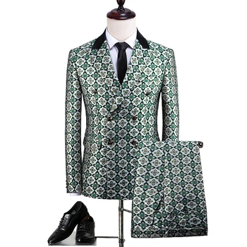 

Men Fashion Double Breasted Suit Green Floral Pattern High Quality Groom Suits Party Prom Stage Costume Singer Drummer