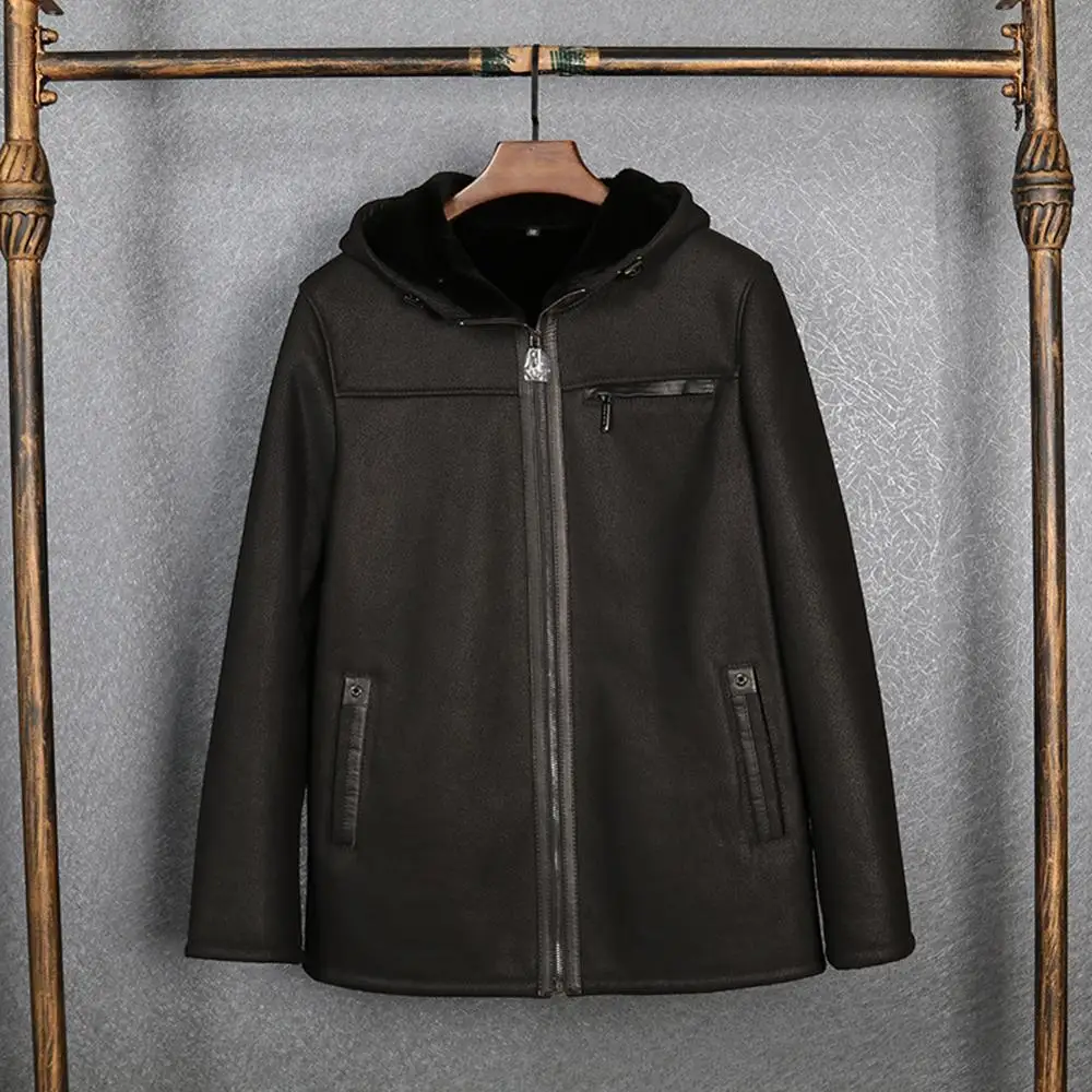 2019 Black Color Hooded Mens Sheepskin Coat Shearling Jacket Fur Original Flying Short Style Pilots | Мужская одежда