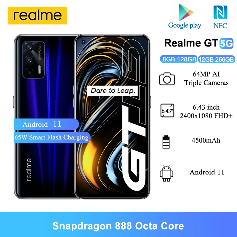 Realme GT 5G мобильные телефоны NFC 6 43 &quotSnapdragon 888 Octa Core 64MP AI тройной камерами 65WSmart машина
