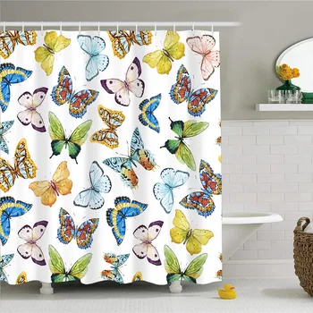 

3D Print Butterfly Flower Bath Curtains with Hooks Waterproof Polyester Fabric Shower Curtains Girls Bathroom Decor 180x200cm