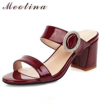 

Meotina Women Slippers Crystal High Heel Slides Female Round Toe Thick Heels Shoes Ladies Buckle Summer Sandals Beige Size 46