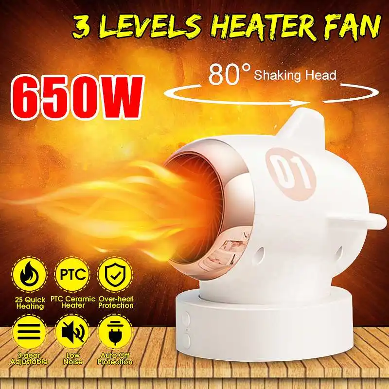 

650W Low Noise Portable Electric Heater Fan 2S Fast Heating Aircraft Style Mini Fan With Overheat & Anti-tip Protection for Home