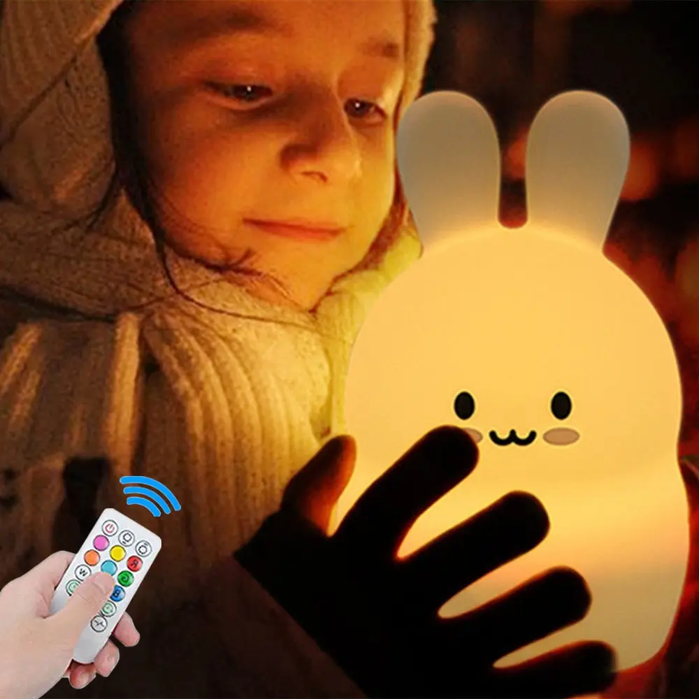 Bunny LED Night Light Remote Control Timer Touch Sensor 9 Colors USB Silicone Rabbit Bedroom Bedside Lamp for Children Kids Baby