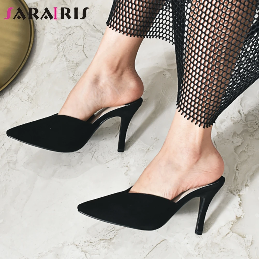 

SARAIRIS Ladies Holiday Heeled Mules Summer Quality Natural Suede Pumps Women Casual slip-on High Heels Summer Shoes Woman