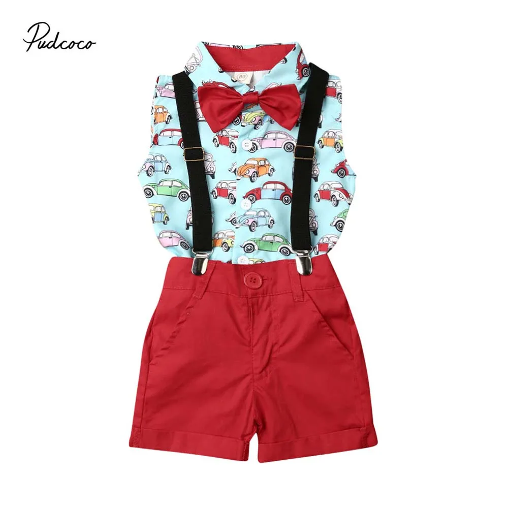 Коллекция года, летняя одежда для малышей Детский костюм для маленьких мальчиков Свадебный галстук-бабочка, рубашка, комбинезон комплект одежды из 2 предметов с принтом машин, От 1 до 5 лет