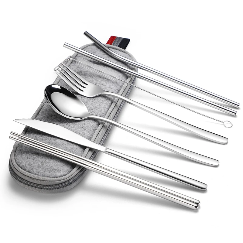 

8PCS/set Stainless Steel Portable Cutlery Set Picnic Camping Travel Tableware Set Flatware Spoon Fork Chopsticks Straw Set Bag