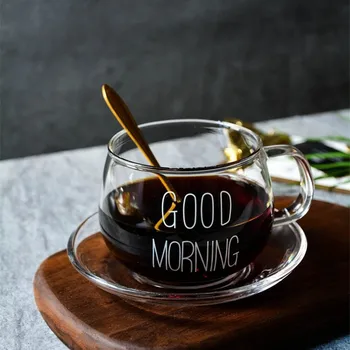 

1Pcs Glass Breakfast Cup Coffee Tea Milk Yogurt Mug Creative Letters Printed Mug Transparent Handle Drinkware