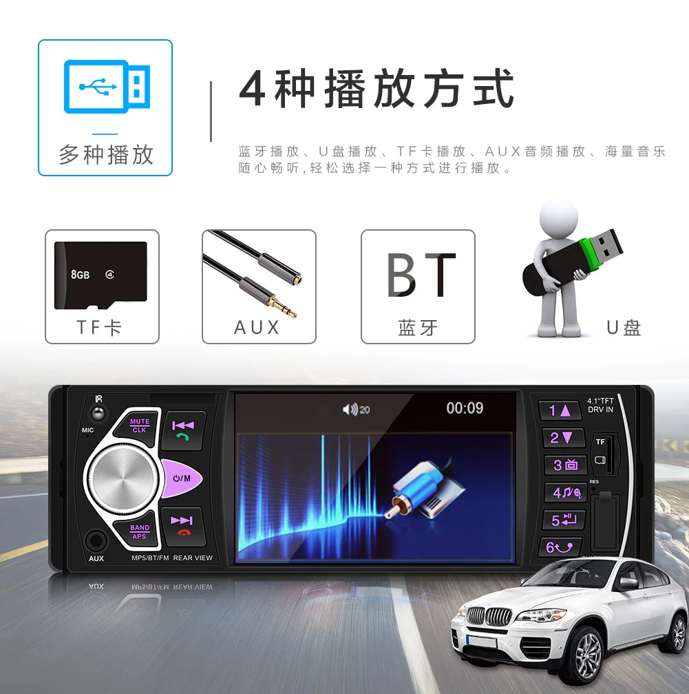 4.1-Inch High-definition Big Screen Bluetooth Hands-Free Car MP5 Player Card Instert USB Drive Radio Reversing Priority 4022D