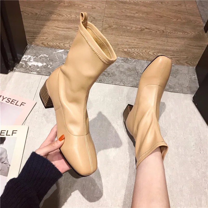 Bootee/ г. Женские ботинки на среднем каблуке со шнуровкой Женская обувь на резиновой подошве Роскошные Дизайнерские ботиночки для дождливой погоды Дамская Осенняя мода до середины икры