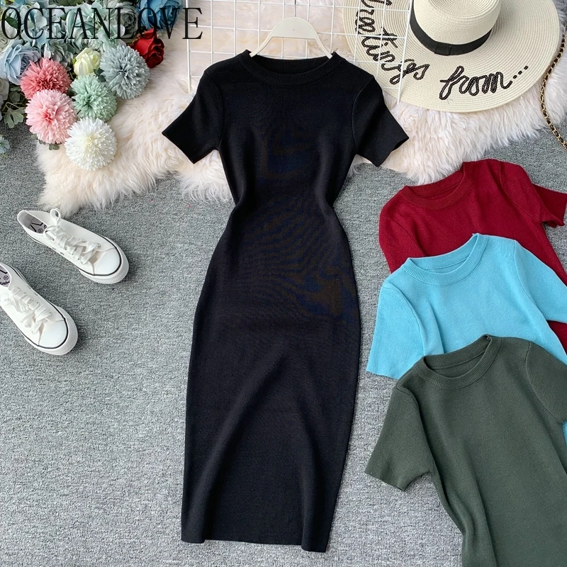 

OCEANLOVE Sexy Dress Women Solid Bodycon Short Sleeve Summer Mini Dresses O-neck Knitting Stretch Retro High Waist Vestido 12350