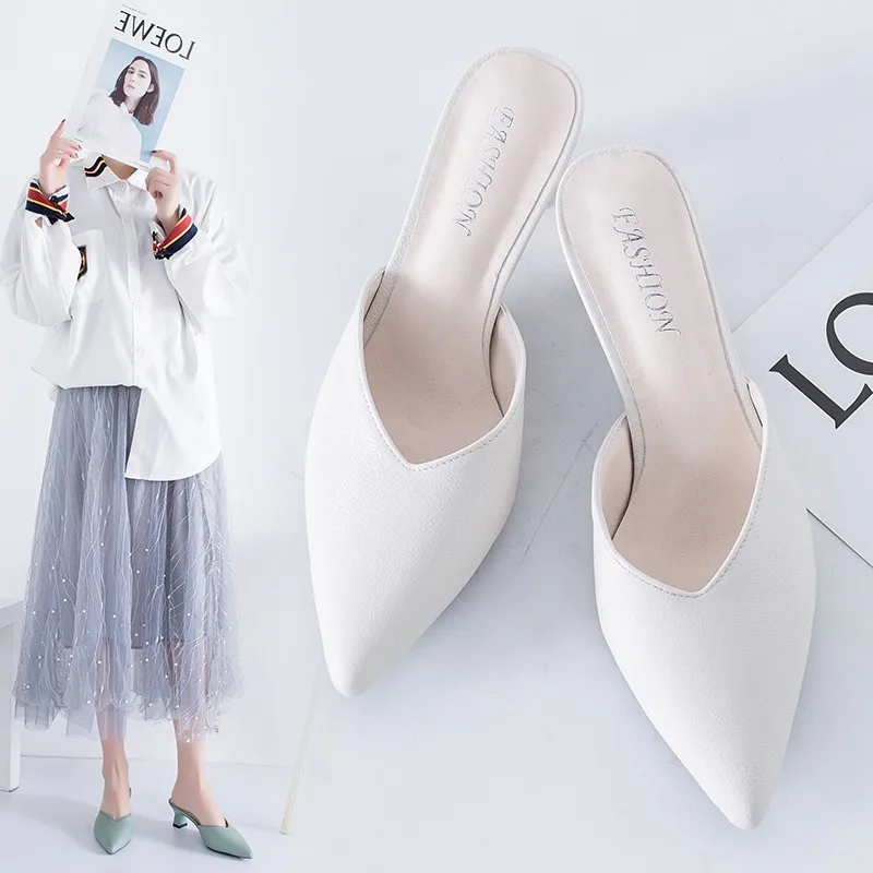 

Online Celebrity Slipper Women's Outer Wear No Heel Loafers Women's Pointed Toe Slipper Semi-high Heeled Mules Shoes Women's Clo