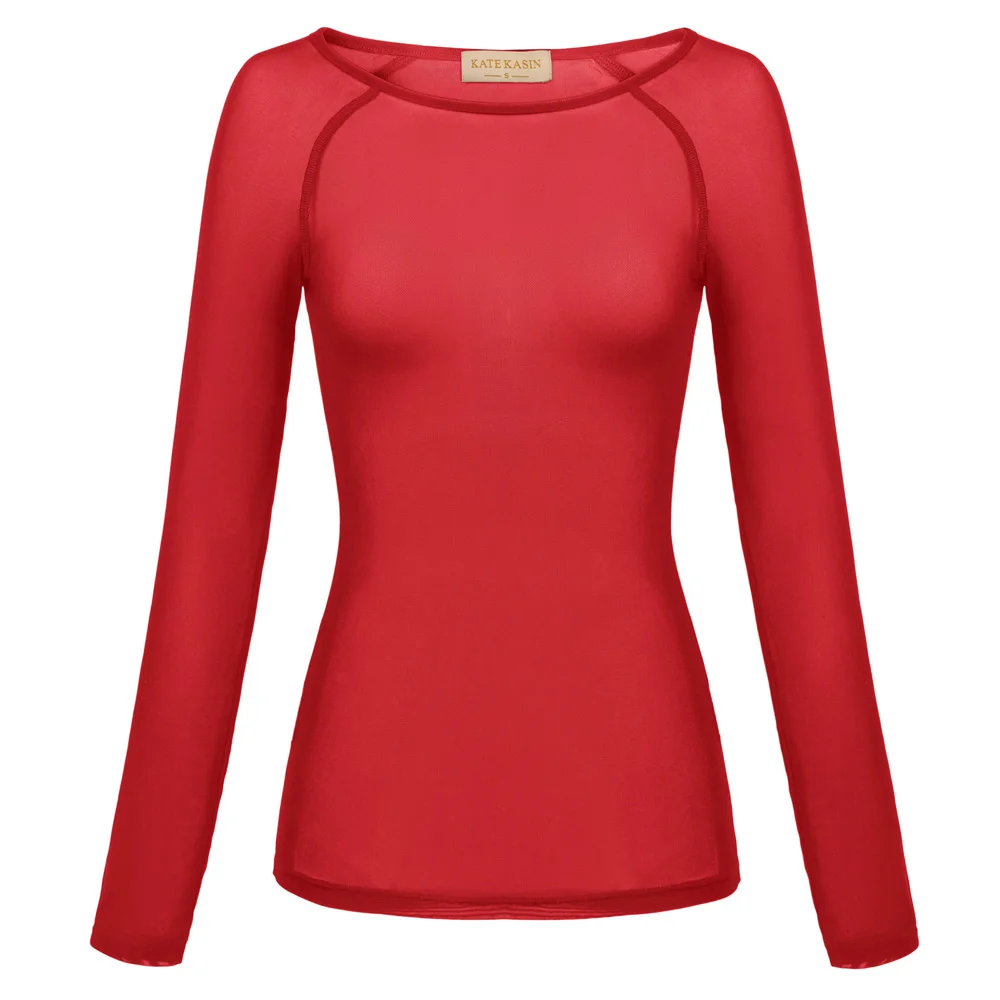 Red KK сексуальные женские топы с длинным рукавом совок шеи прозрачные рубашки сплошного цвета - Цвет: Red