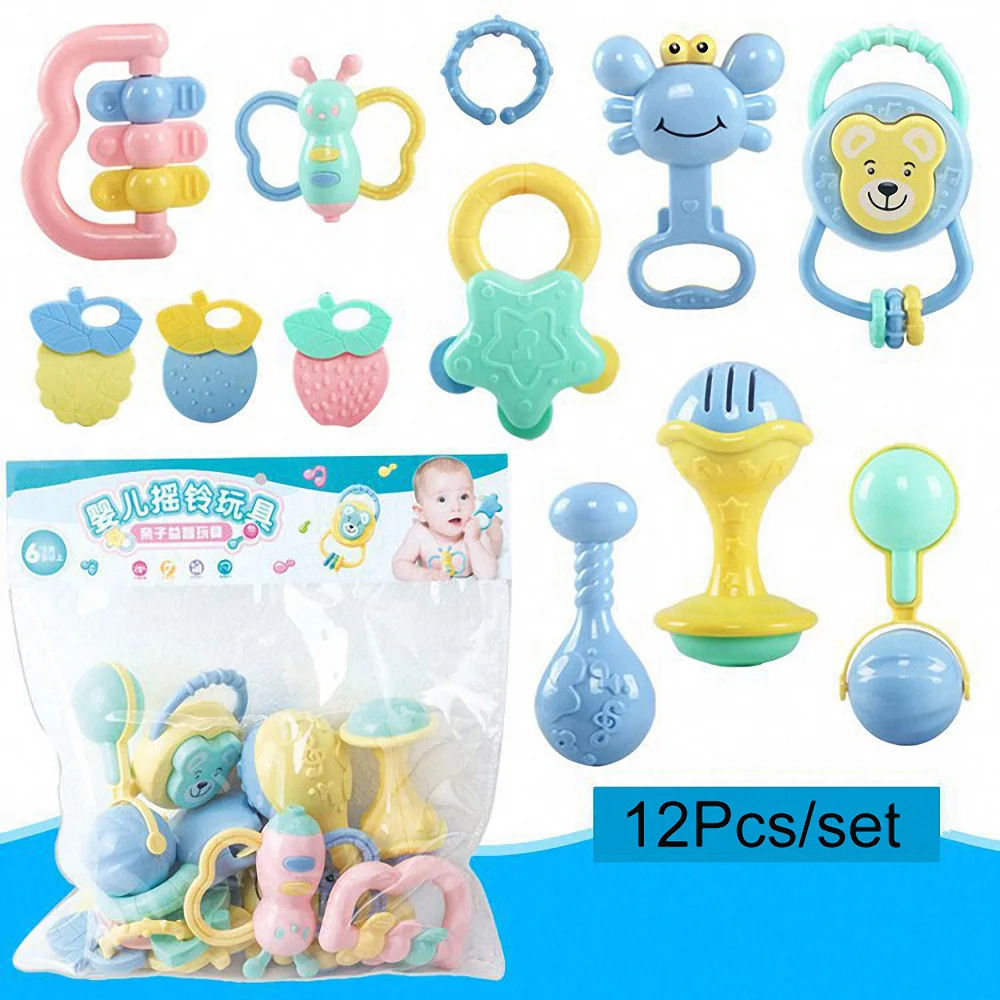 12Pcs/Set Baby Rattle Toys Cartoon Hand Grip Ball Rattles Shaker Soft Teether Set Infant Newborn