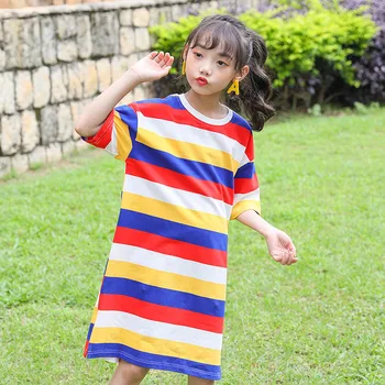 

Colorful Striped Dresses Girls Clothing Summer 2020 Dress Kids Cotton Knee Length Straight Dresses Clothes Children Long T Shirt