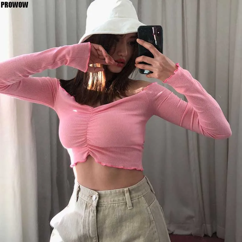 2020 Lady Summer Long Sleeve T Shirts Korean Solid Color Two-Wear Pleated Wavy Edges Tops Female Sexy Chic Slim Fit Tees Shirts