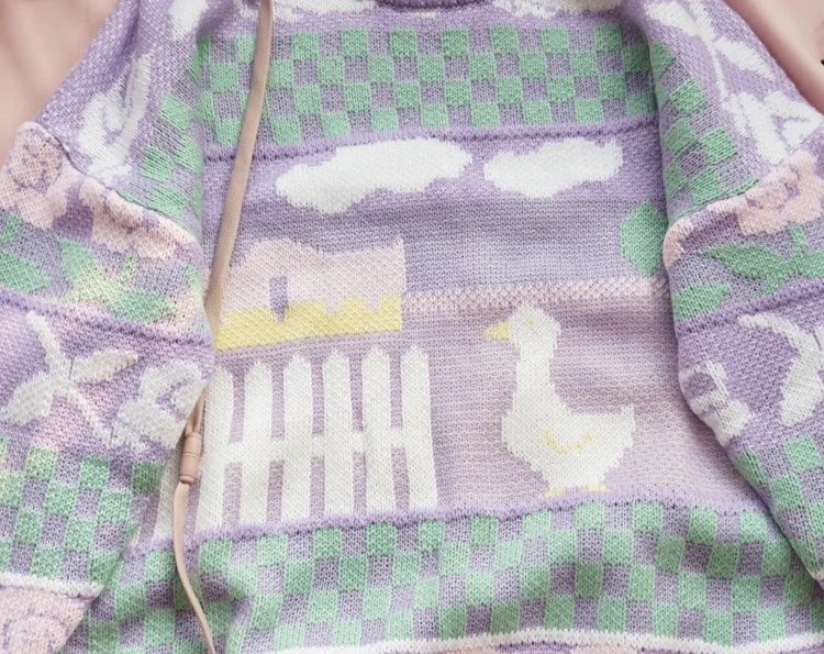 Японский кавайный жаккардовый свободный студенческий вязаный свитер с фиолетовой уткой для девочек-подростков, мягкий пуловер с длинными рукавами для девочек, прямая трикотажная одежда