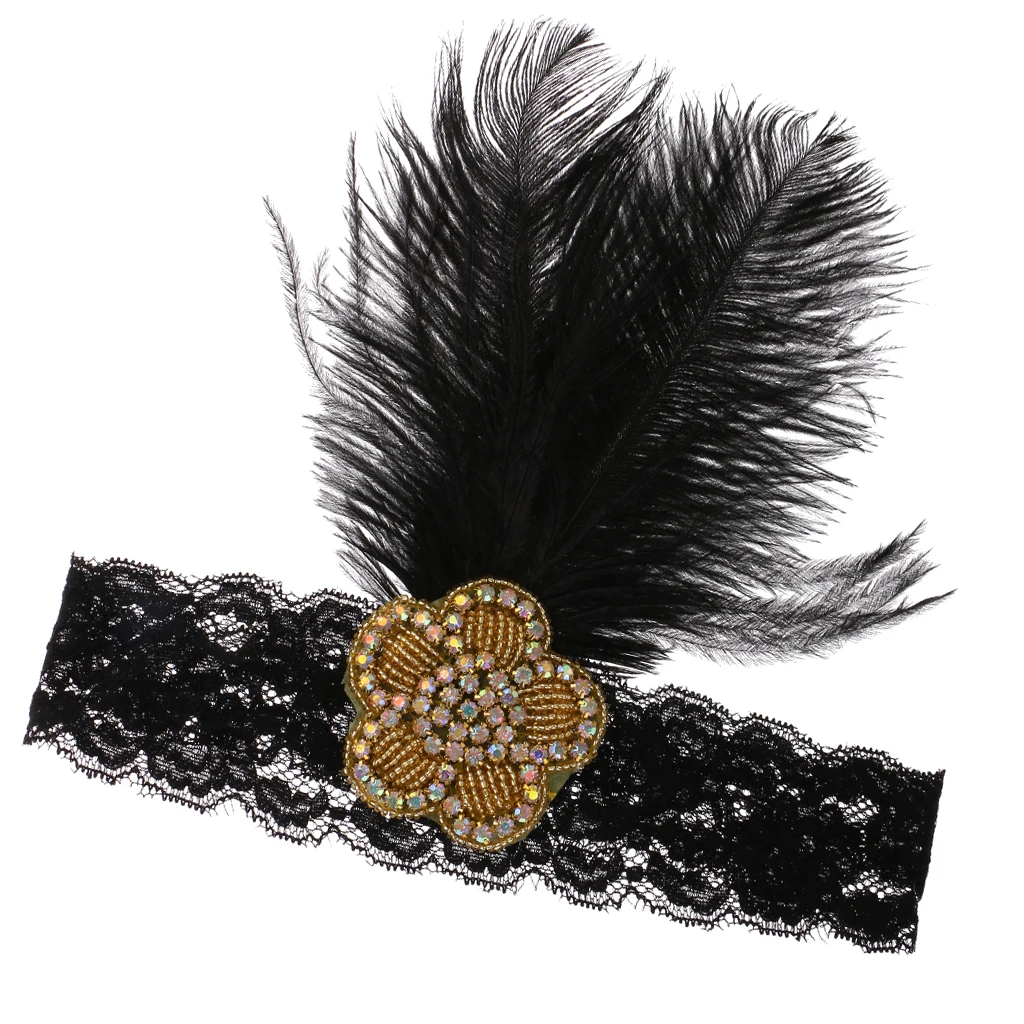 Винтажная блестящая перьевая повязка на голову Хлопушка 1920s черные вечерние Charleston Browband