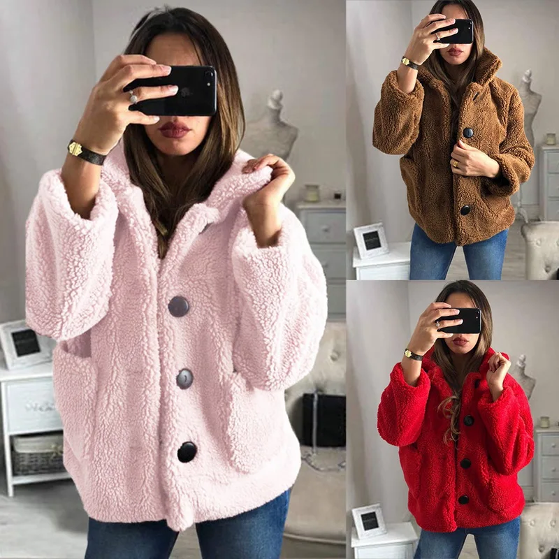 Women's Plush Coat Autumn Winter Women Button Jacket Casual Warm Turndown Collar Fur Outwear Mid-Length Woolen Jackets