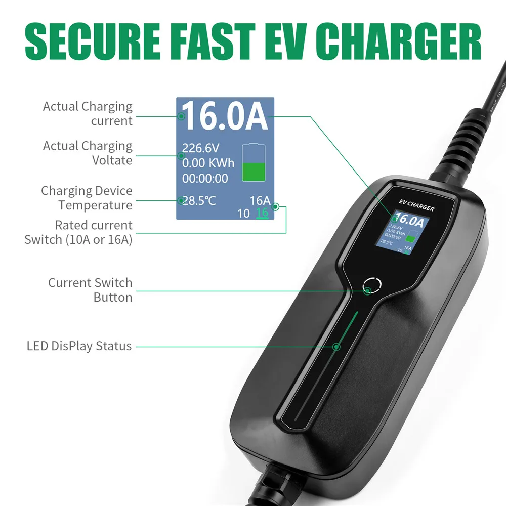 10/16A EV зарядное устройство тип 1 SAE J1772 портативный EVSE зарядный кабель коробка для