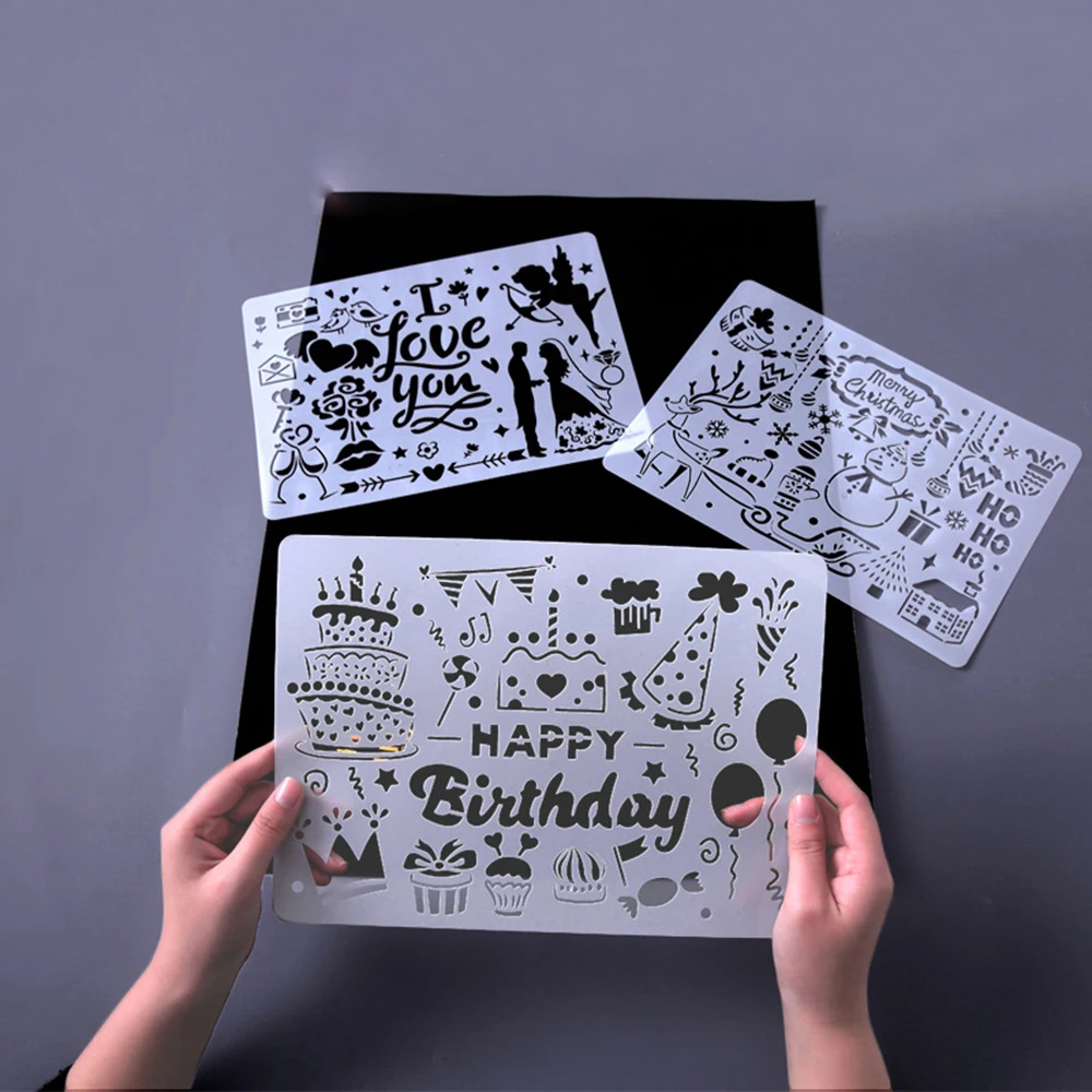 

A4 Cute Merry Christmas Series Hollow Painting Stencils Birthdays Lace Ruler Drawing Stenils DIY Scrapbooking Decorations