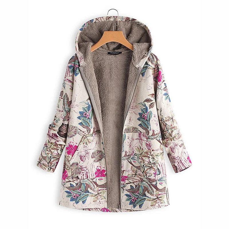 RICORIT, Женская куртка, пальто, зимняя, теплая, плюшевая, с цветочным принтом, с карманом, с капюшоном, в винтажном стиле, тонкая, Пальто, Куртки Оверсайз
