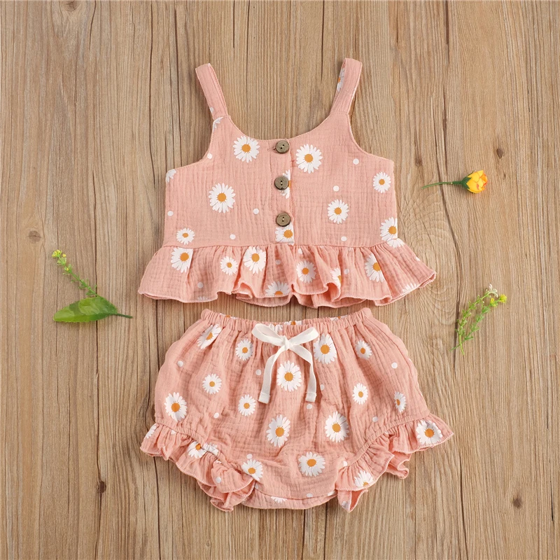 Toddler Baby Girl Daisy Flower Printed Sleeveless Tops+PP Shorts Kids Outfits 2pcs Summer Clothes Set