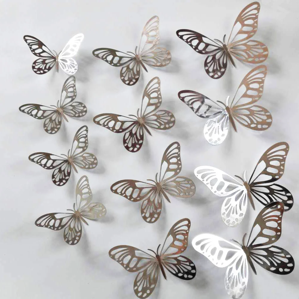 48 Adesivi 3D Farfalla Metallici - 4 Stili E 3 Dimensioni - Decorazione Parete Rimovibile
