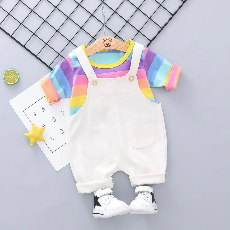 Комплекты одежды для маленьких девочек весенне-осенние детские модные повседневные хлопковые топы+ штаны на лямках комплекты одежды из 2 предметов для маленьких девочек, спортивные костюмы - Цвет: picture color
