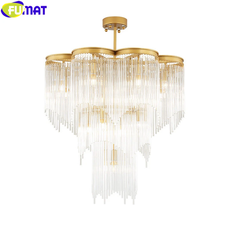 FUMAT Crystal K9 Pendant Lamp Hanging Light Fixture Chandelier Light Multi-layer Waterfall Form Gold Black Frame Modern Style