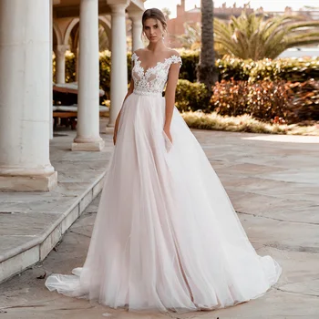 

Thinyfull Light Pink Country Wedding Dresses Lace Appliques Sheer Scoop Bohemian Bridal Gowns Illusion A-Line Bride Dress Robes