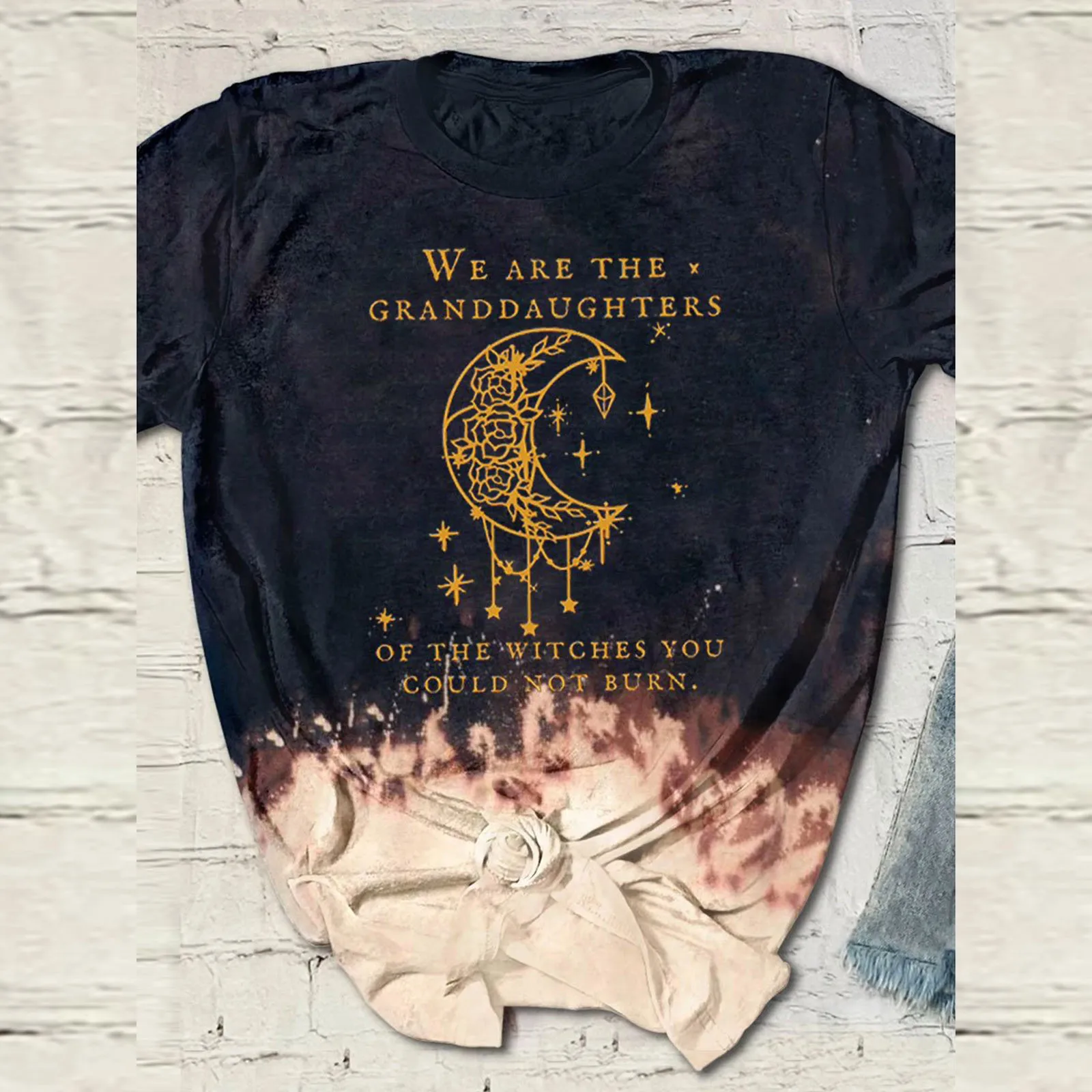 We Are The Granddaughters Of The Witches Tie-Dye Letter Print T-shirt Women's Moon And Sun Short Sleeve T-shirt Tops Tee Summer 1