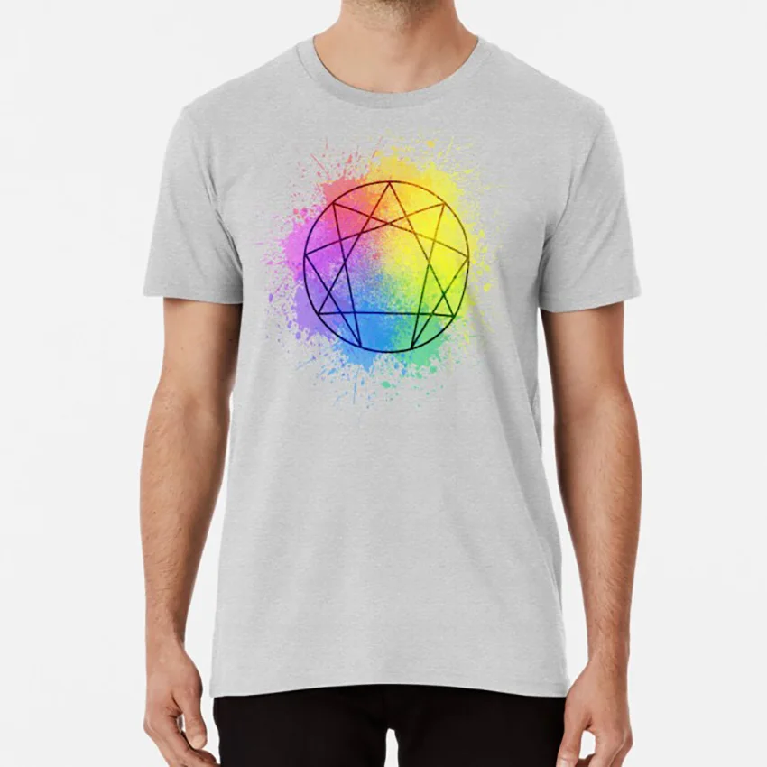 Футболка с энтаграммой брызгами, распылительная краска с энтаграммой, радуга, один, два, три, четыре, пять, шесть, семь