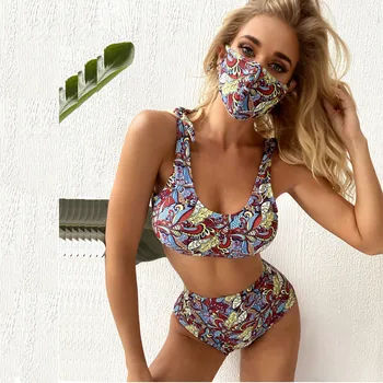 

Melphieer 2020 New Sexy Fashion Printing 3 pcs of bikini sets high waist bikini retro vintage swimsuit women swimwear biquini
