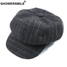 SHOWERSMILE Женская кепка Newsboy, женская серая Клетчатая Шерстяная кепка, британский стиль, винтажная Кепка Baker Boy, Повседневная Кепка с плоской подошвой