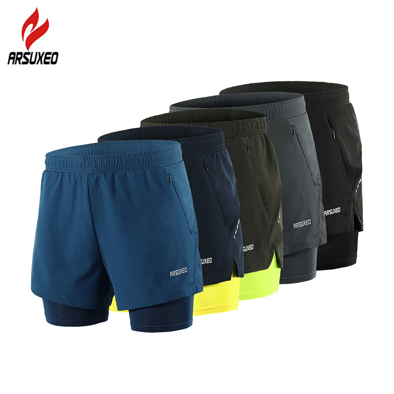 Comprar Pantalones cortos reflectantes para correr ARSUXEO transpirables 2 en 1 para gimnasio, entrenamiento, ejercicio, Jogging, pantalones cortos con bolsillo con cremallera