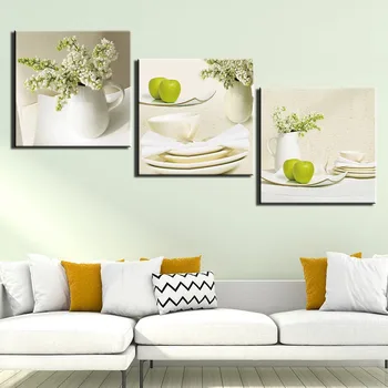 

3 Pieces Green Fruit Pictures Apple Lemon Fruits Painting Canvas Print Cherry Poster Wall Art for Kitchen Decor Kids Living room