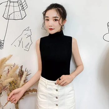 

Women Solid Color Sweaters Vest Fashion Turtleneck Thin Autumn Korean Sweet Pullover Knitted Female Sleeveless Top