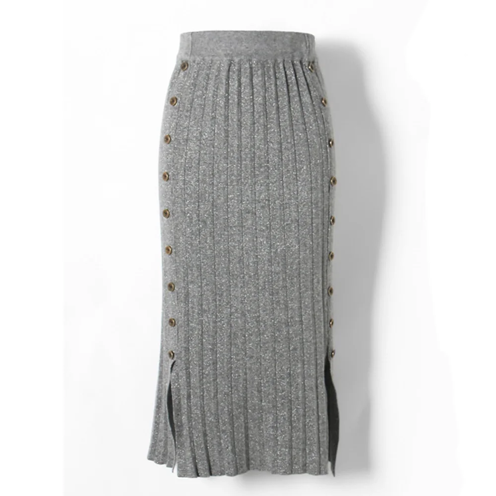 Черная серая шикарная трикотажная юбка VD1182 длинная миди теплая зимняя женская юбка на пуговицах тонкая винтажная юбка-карандаш