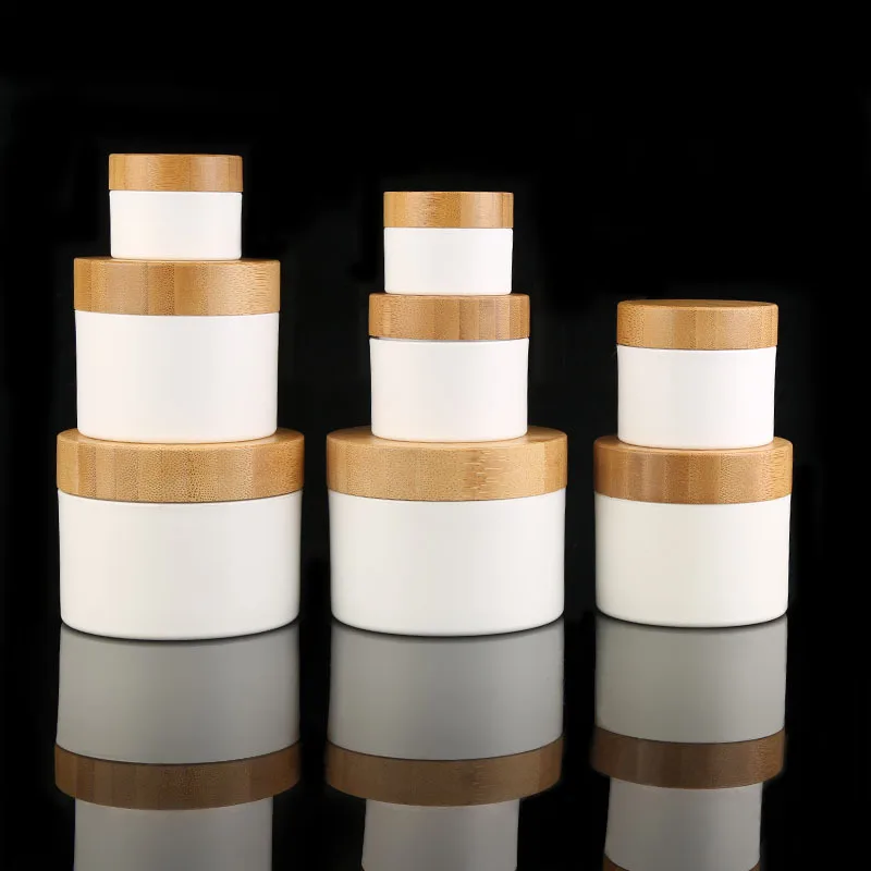 

Jars For Cosmetics10g 30g 50g 100g 150g 200g White PP Plastic Jar with Bamboo Lid Cream Box Refillable Container