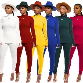 

Two Piece Sets Tracksuits Turtleneck Solid Long Sleeve Tops and Legging Pants Autumn Winter Women's Casual Sporty Ribbed Outfits
