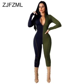 

Color Blocking Sexy Bodycon Playsuit Women Stand Collar Zipper Up Bandage One Piece Jumpsuits Causal Skinny Long Sleeve Bodysuit