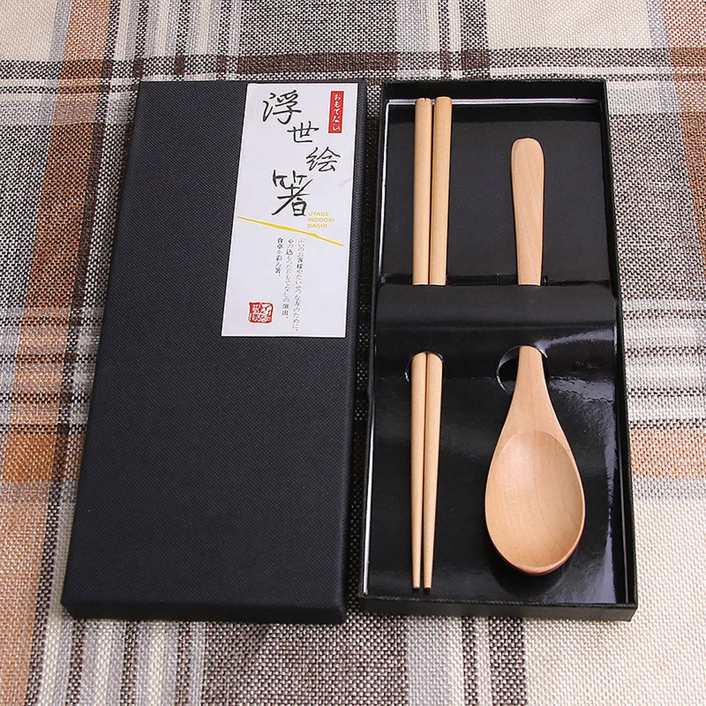 New Japanese Style Vintage Wooden Chopsticks And Spoon Tableware 5pcs Set