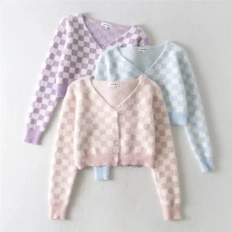 fuzzy pink checkered cardigan