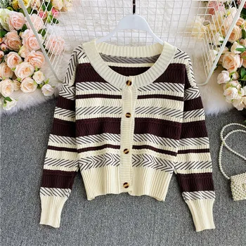 

2020 autumn new product retro soft waxy lazy fashion round neck single-breasted stitching striped knitted short sweater jacket