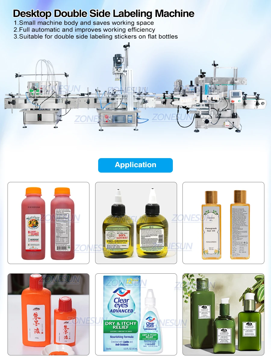 ZONESUN ZS-FAL180C9 Automatic Production Line Essential Oil Square Bottle Filling Capping And Double Side Labeling Machine