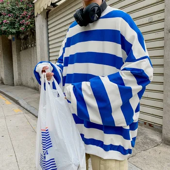 

Autumn New Hoodies Men Fashion Contrast Color Striped O-neck Pullover Man Streetwear Wild Hip Hop Loose Cotton Sweatshirt S-3xl