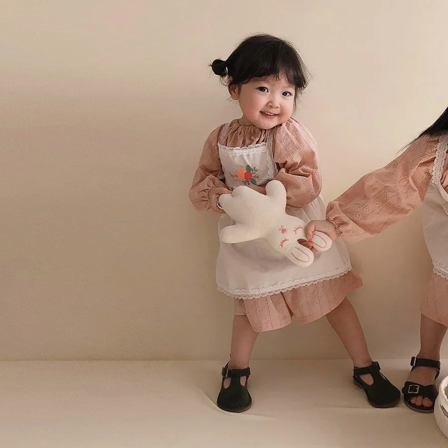 Bamboo fiber children's clothes Korean embroidered girls' princess skirt spring and autumn suspender dress set little girls'  sister dress Bamboo fiber children's clothes